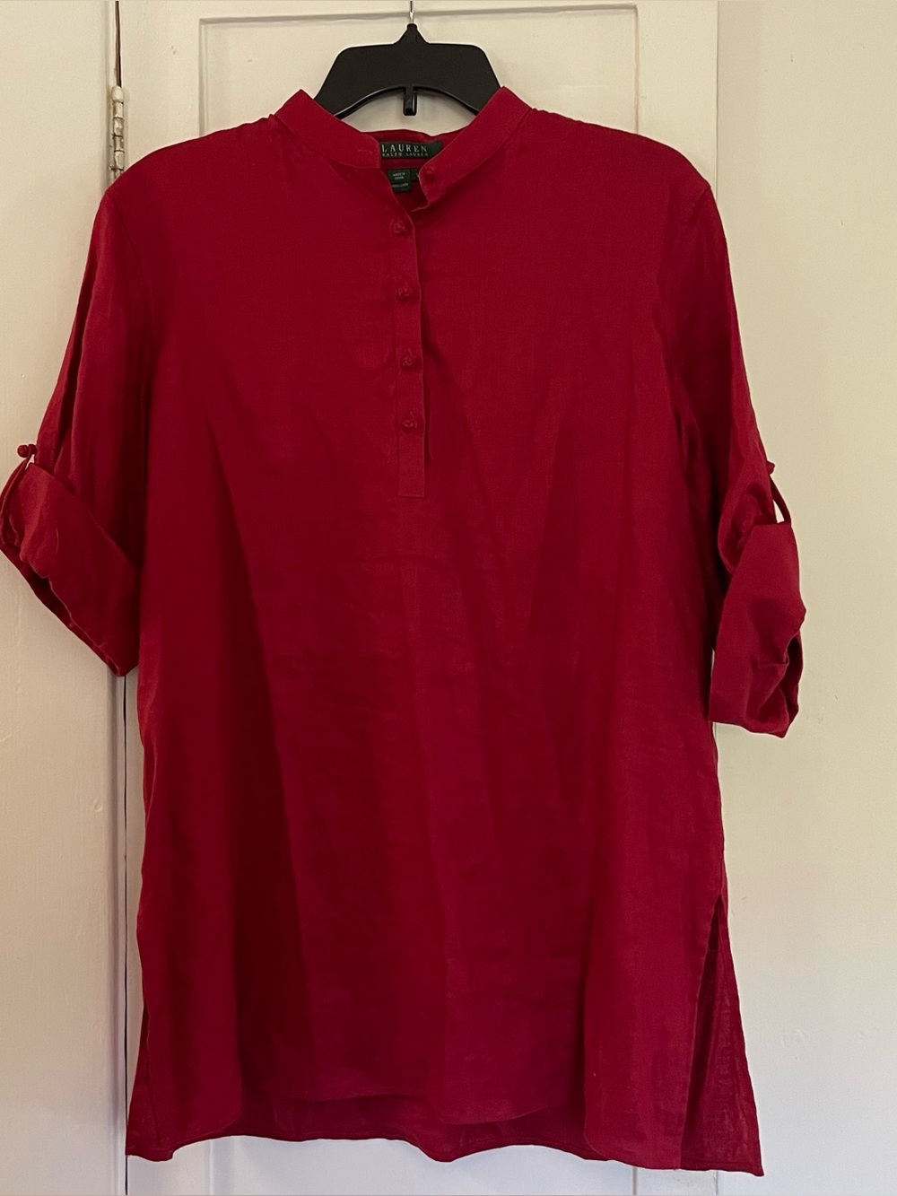Lauren Ralph Lauren Cranberry Roll-Tab Linen mandarin collar Tunic